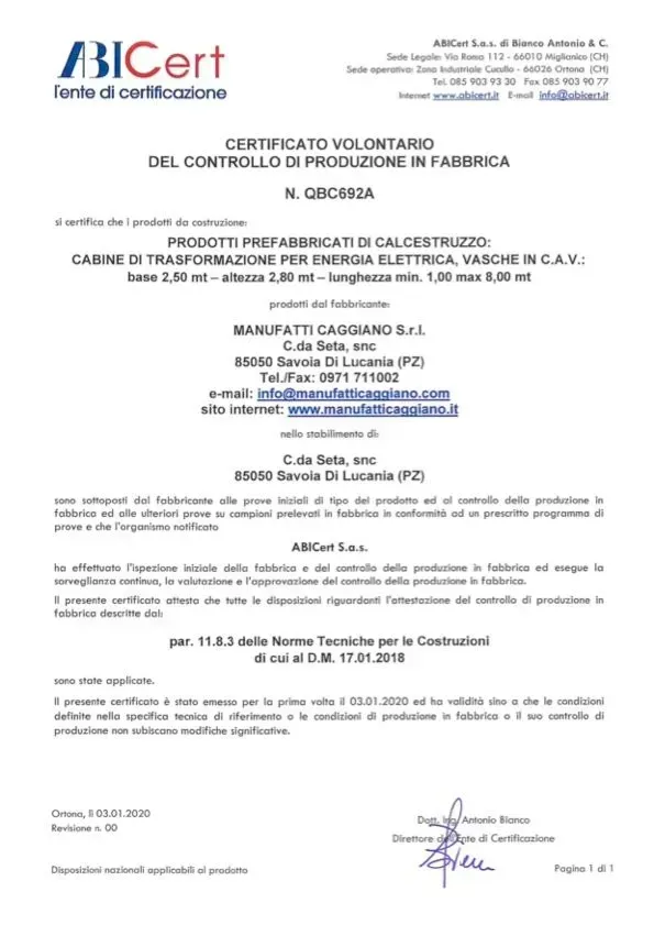 Certificato BIcert per il controllo in fabbrica dei prodotti fabbricati.
