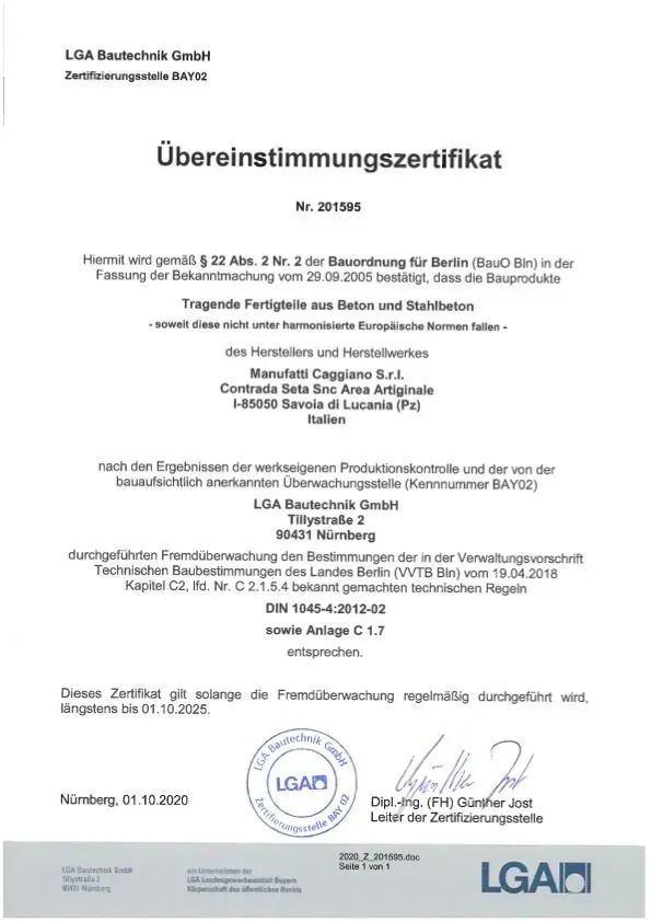 Certificato di conformità tedesco con testo e timbro della LGA.