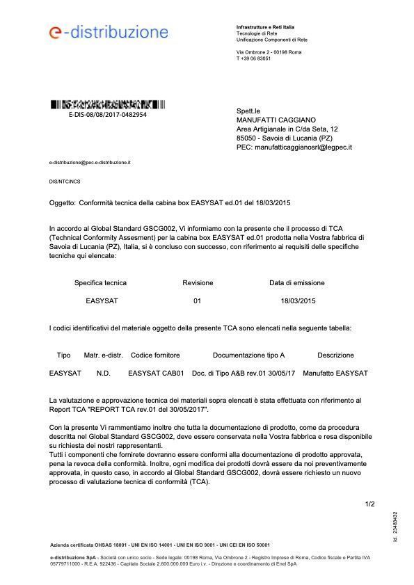 Un documento di e-distribuzione, che riporta la conferma delle connessioni conformi alla norma EN 50160 per l'energia elettrica.