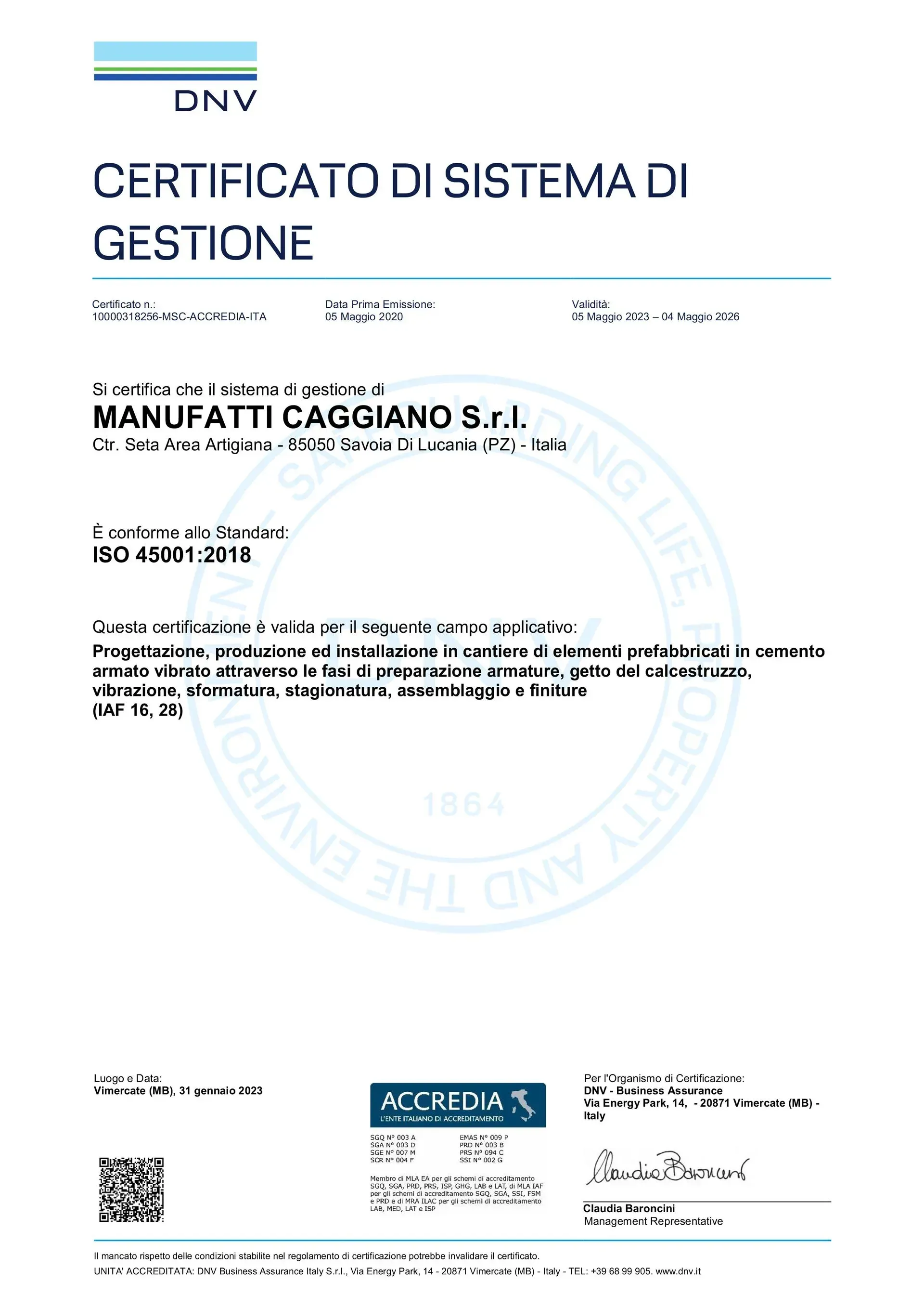 Certificato DNV per Manufatti Caggiano Srl, certificazione ISO 45001:2018, riportante il nome e il logo dell'azienda.