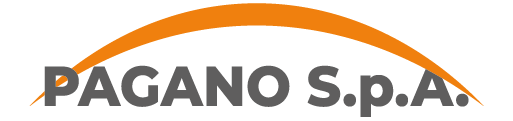 Logo per PAGANO SpA, con testo grigio scuro sotto un arco arancione.