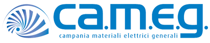 Logo per CAMEG (Campania materiali elettrici generali) in blu, con l'icona stilizzata di una conchiglia nautilus.