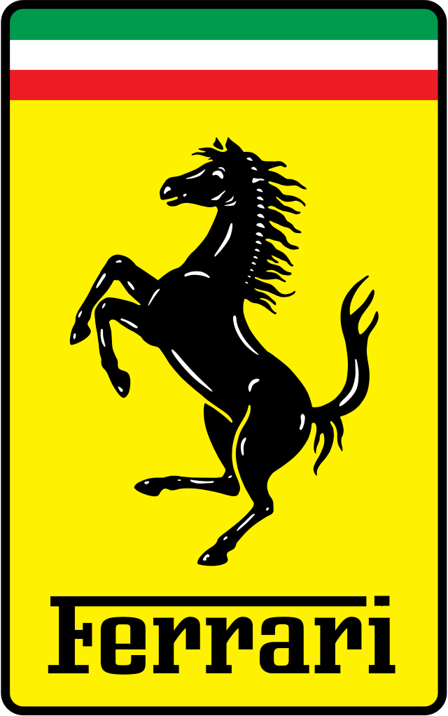 Logo Ferrari: cavallino rampante nero su sfondo giallo con strisce della bandiera italiana.
