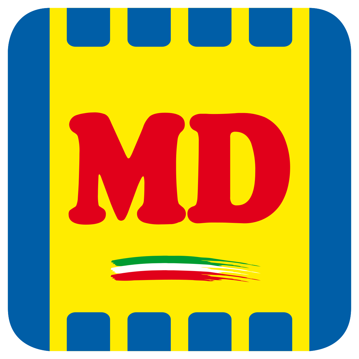Logo MD: lettere rosse su sfondo giallo, bordo blu con quadrati ritagliati, striscia con bandiera italiana.