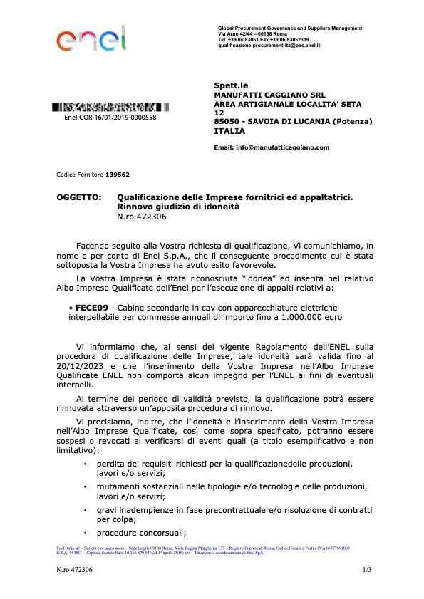 Manufatti Caggiano Qualifica ENEL
