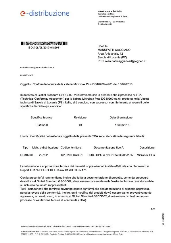 Documento di e-distribuzione con testo e tabelle, probabile conferma.