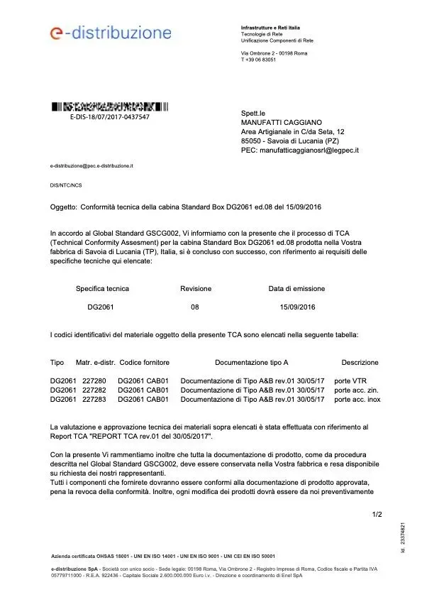 Documento intestato da e-distribuzione, tabella dati e dichiarazione di conformità agli standard.