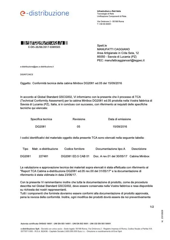 Documento di e-distribuzione, che dettaglia la conformità alle normative per la distribuzione di energia elettrica, con testo e date.