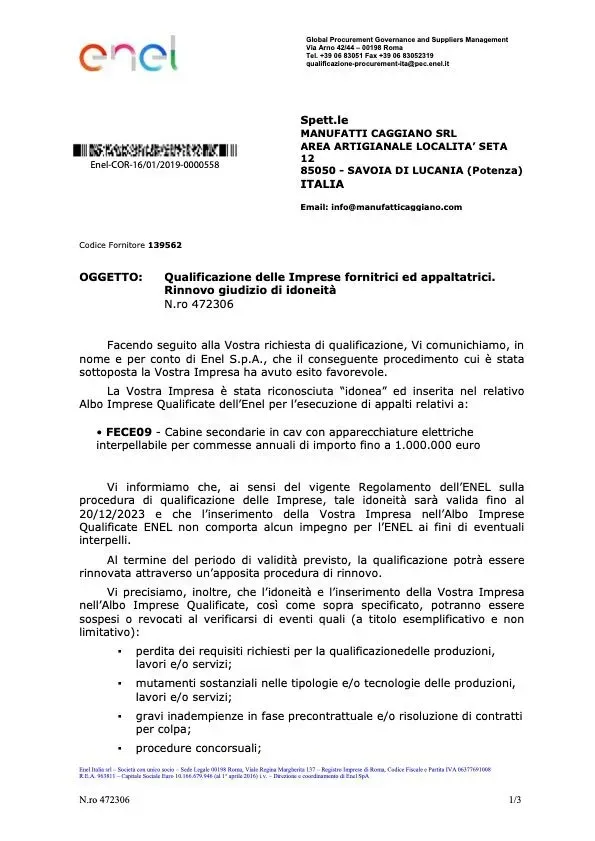 Documento dell'ENEL con testo sulla qualificazione delle imprese elettriche.