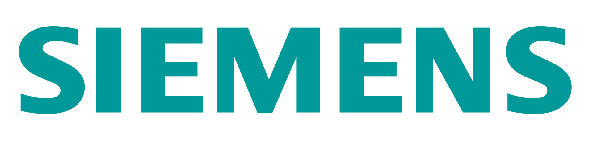 Logo Siemens in verde acqua su sfondo bianco.