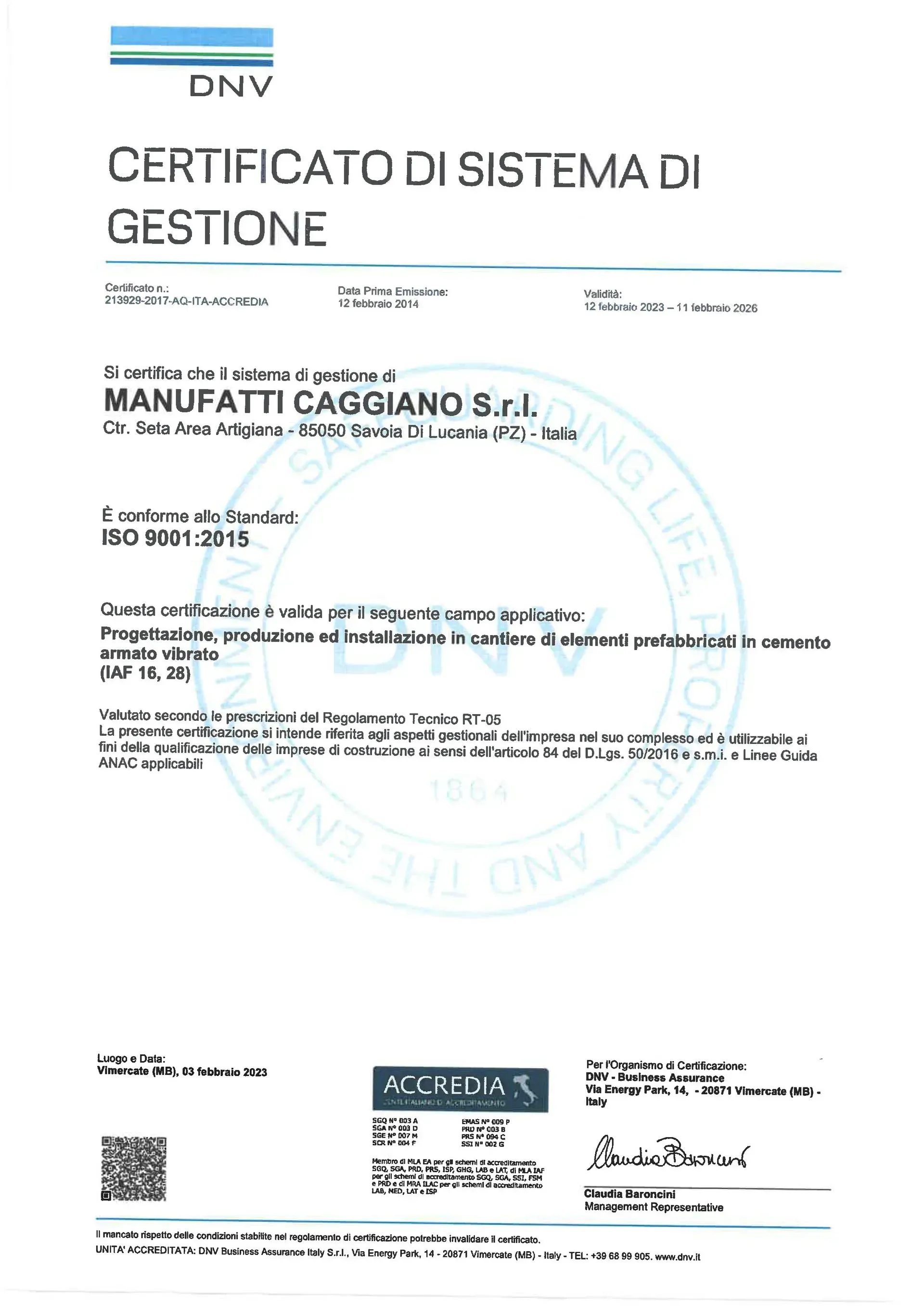 DNV management system certificate for Manufatti Caggiano S.r.l., certifying ISO 9001:2015 compliance.