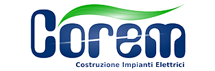 Logo dell'azienda Corem, con testo blu e un tocco verde. Il testo recita