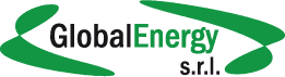 Logo per Global Energy srl, caratterizzato da testo in nero e verde con vortici verdi stilizzati.