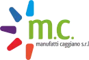 Logo per "mc manufatti caggiano srl" con un design colorato a raggiera e testo verde.
