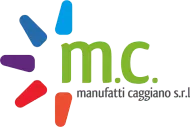 Logo per "mc manufatti caggiano srl" con un design colorato a raggiera e testo verde.