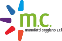 Logo per "mc manufatti caggiano srl" con un design colorato a raggiera e testo verde.