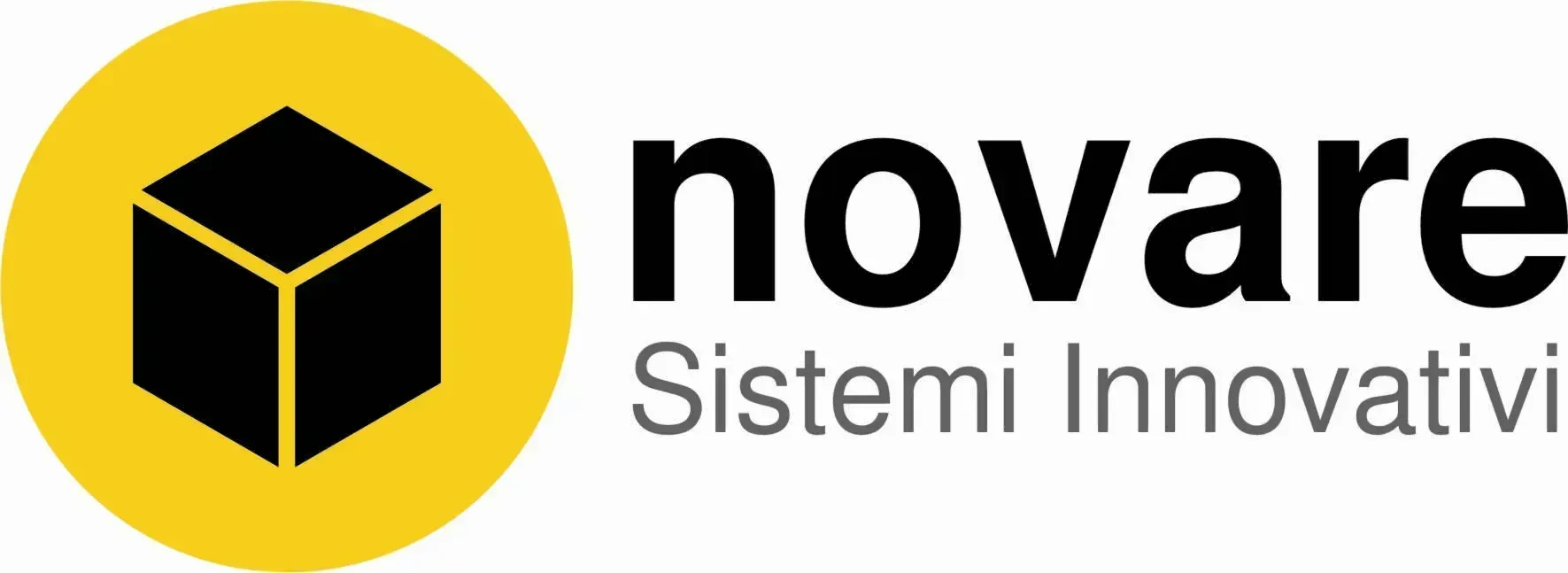 Logo di Novare, un cerchio giallo con un cubo nero all'interno, testo