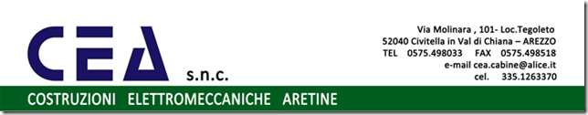 Logo CEA snc con i dati aziendali, tra cui indirizzo, telefono, fax ed e-mail, su sfondo verde.