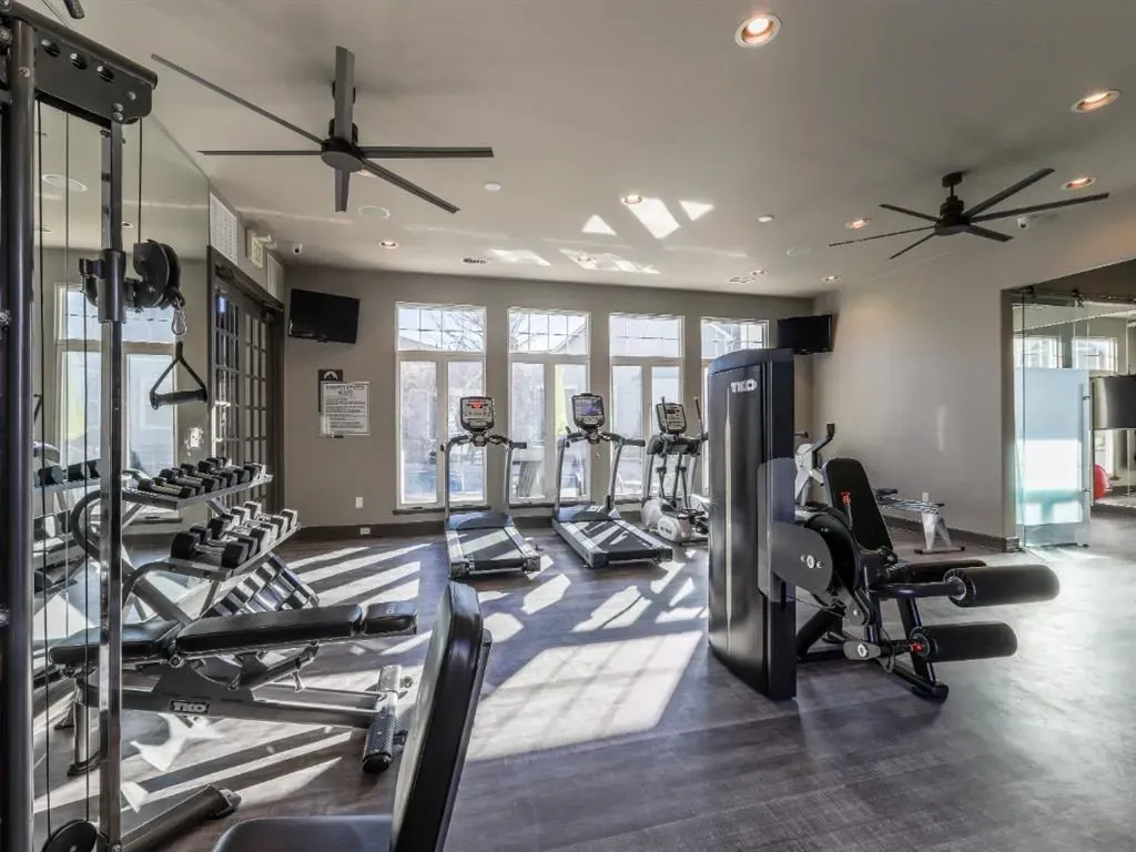 Fully equipped fitness center with treadmills, weight machines, and free weights.