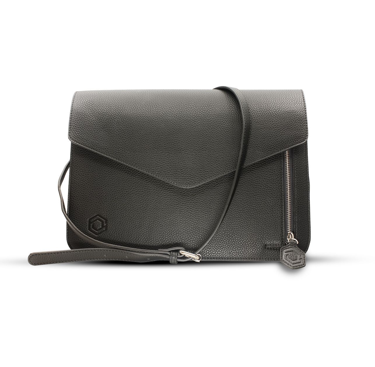A black purse with a black strap on a white background.