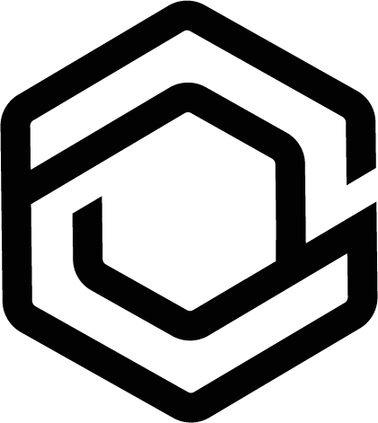 A black and white logo of a hexagon with two lines coming out of it.