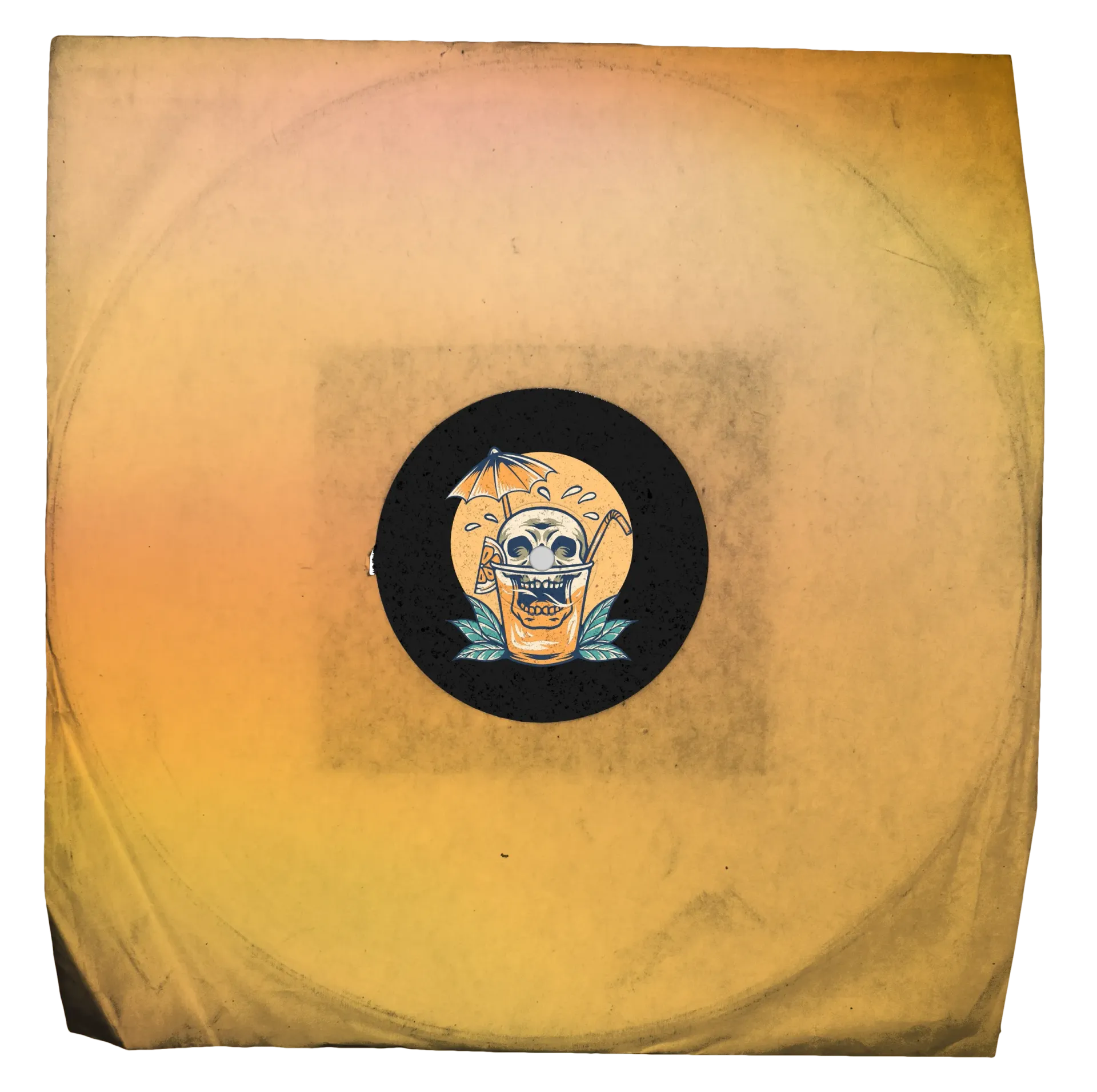 A picture of a skull in a circle on a yellow background