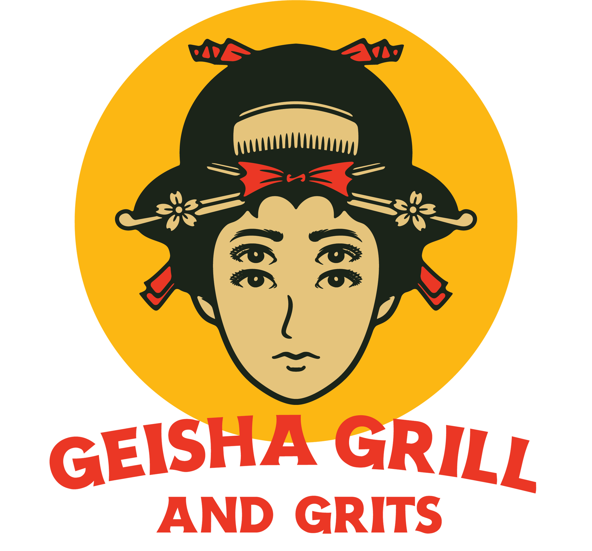 A logo for a restaurant called geisha grill and grits