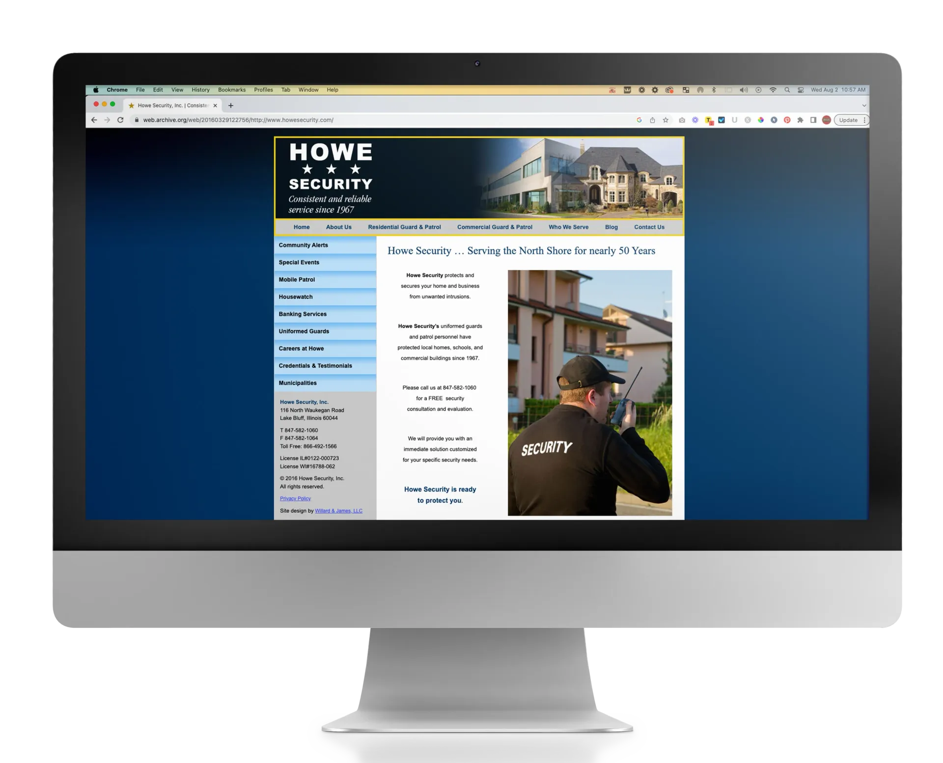 A computer monitor displays a website for howe security