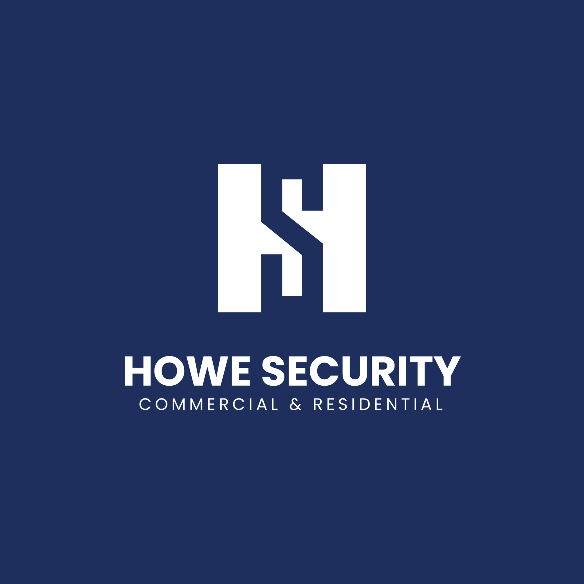 A logo for howe security commercial and residential on a blue background.