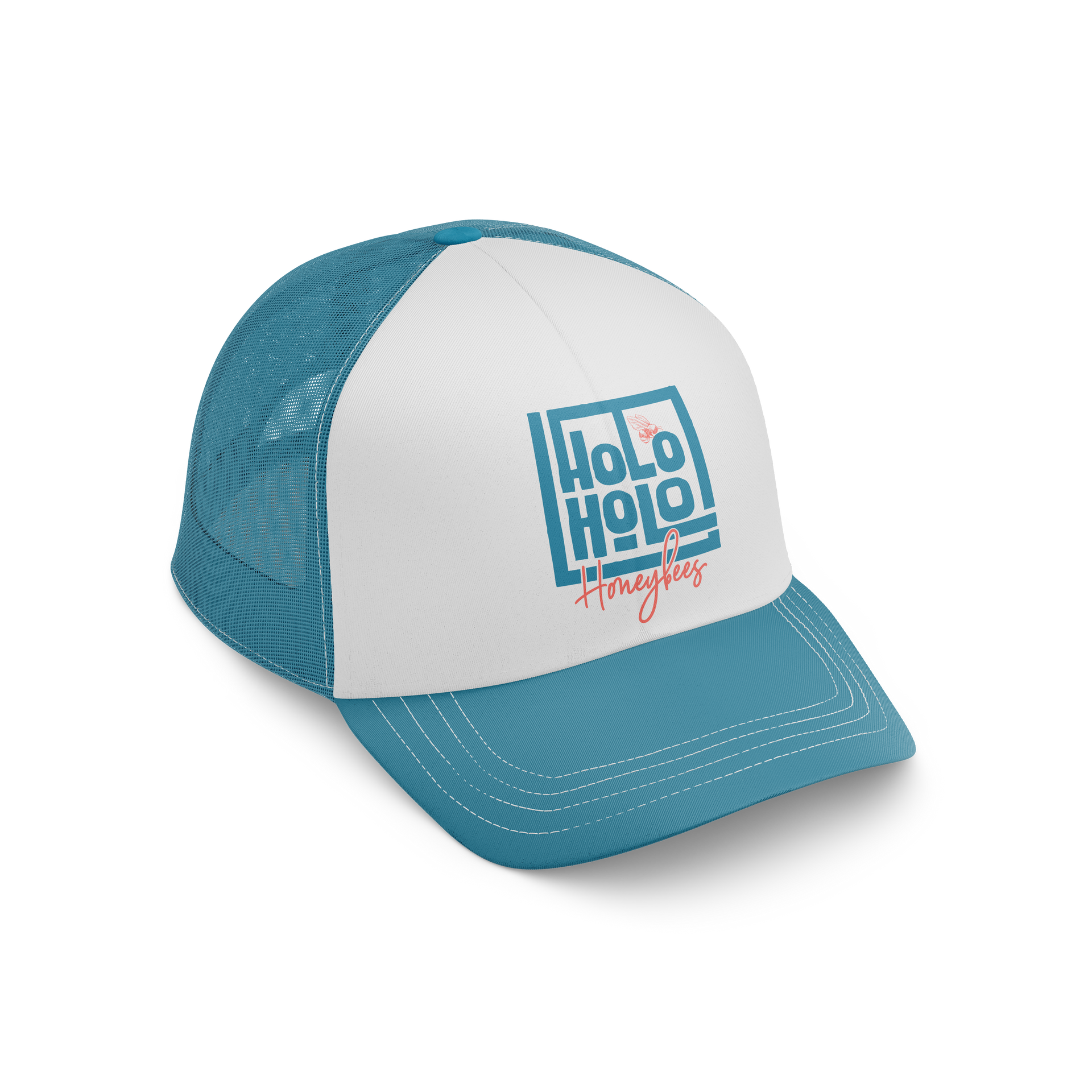 A blue and white trucker hat with a logo on it