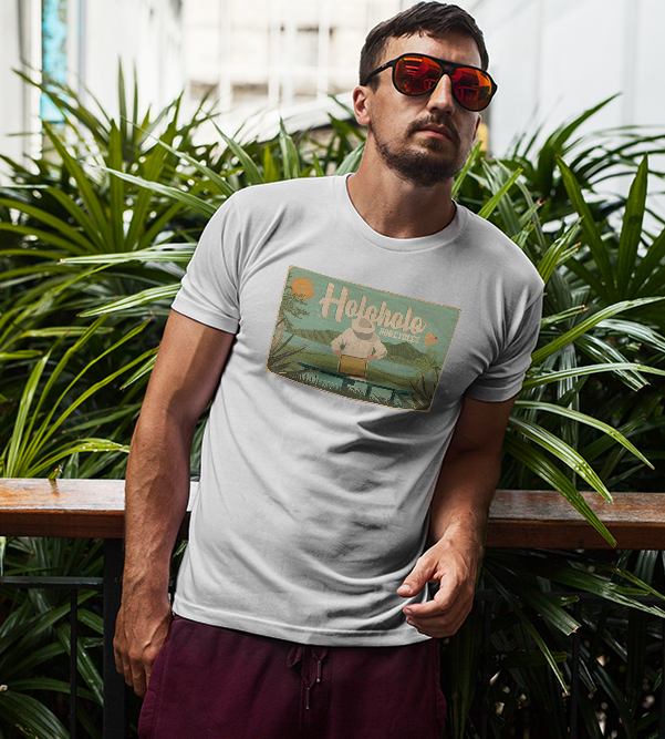 A man wearing sunglasses and a white t-shirt is leaning against a railing.