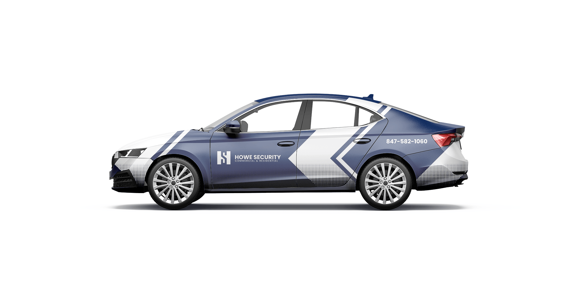 A blue and white car is sitting on a white surface.