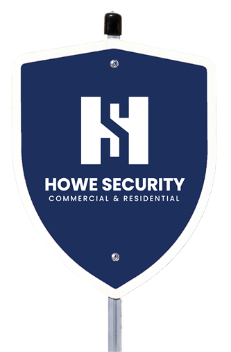 A blue and white shield with the word howe security on it.