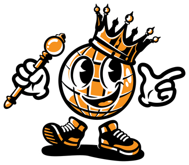 A cartoon illustration of a basketball wearing a crown and giving a thumbs up.