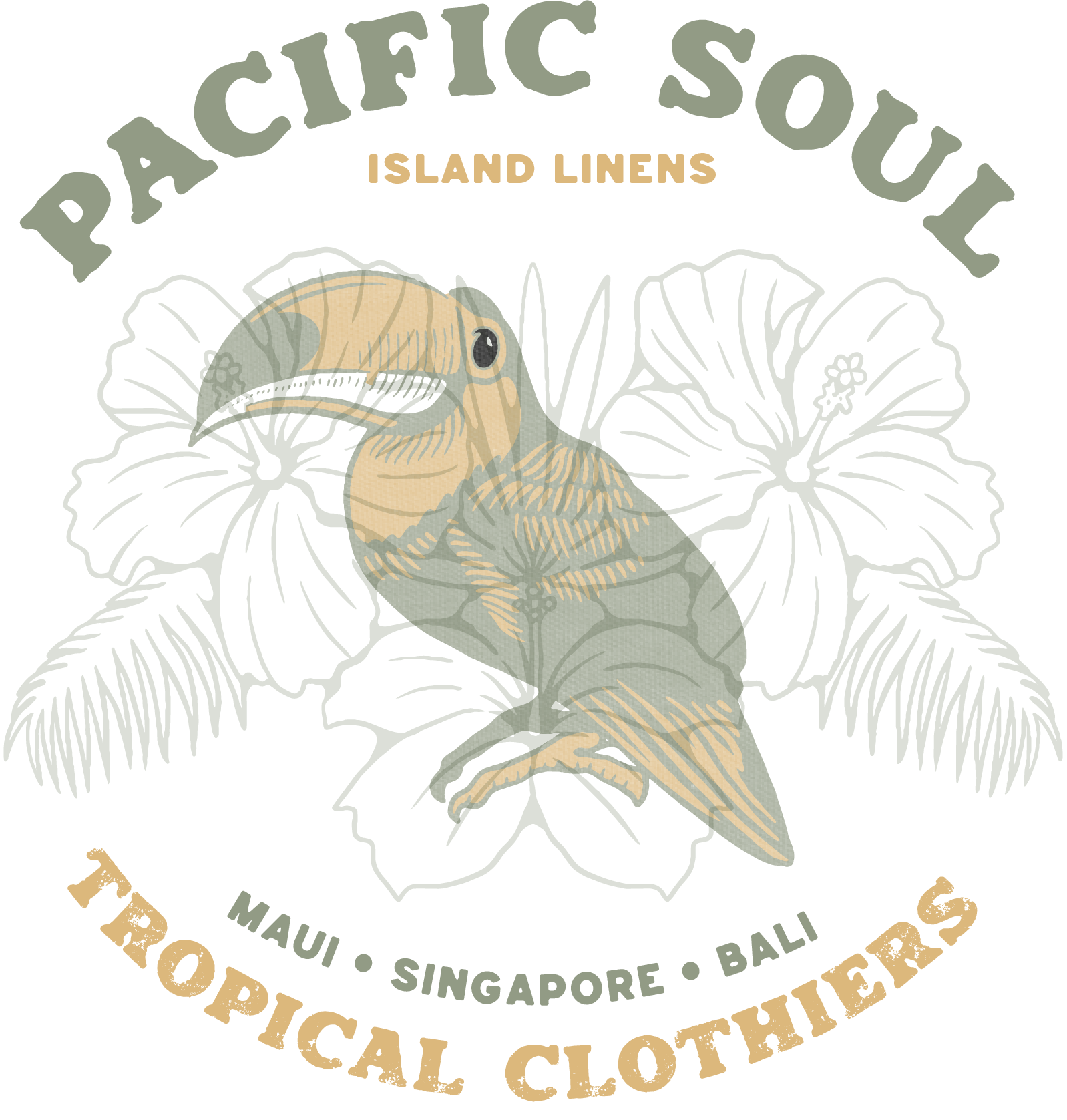 A logo for pacific soul island linens tropical clothiers with a toucan and flowers.