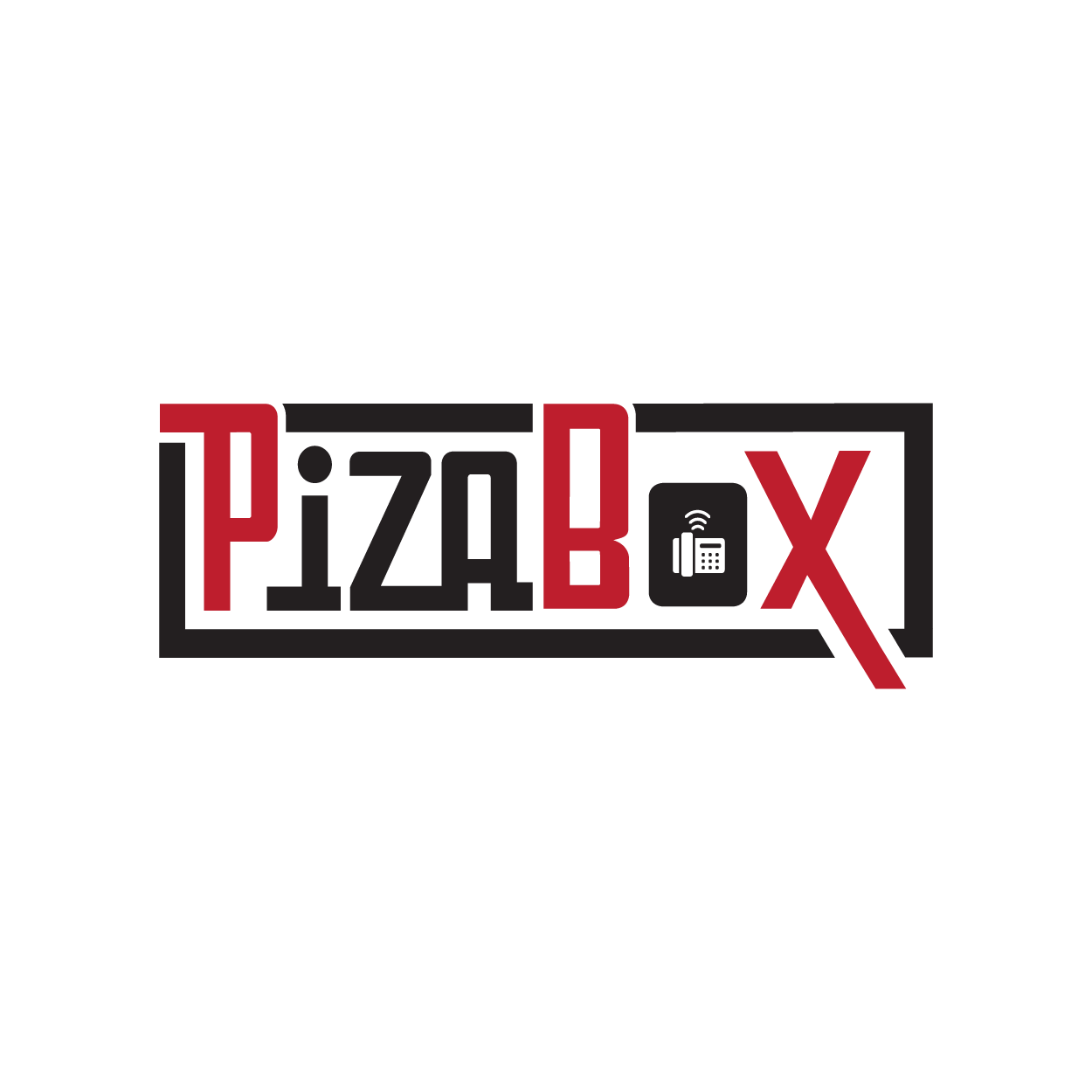 A pizza box logo on a white background.