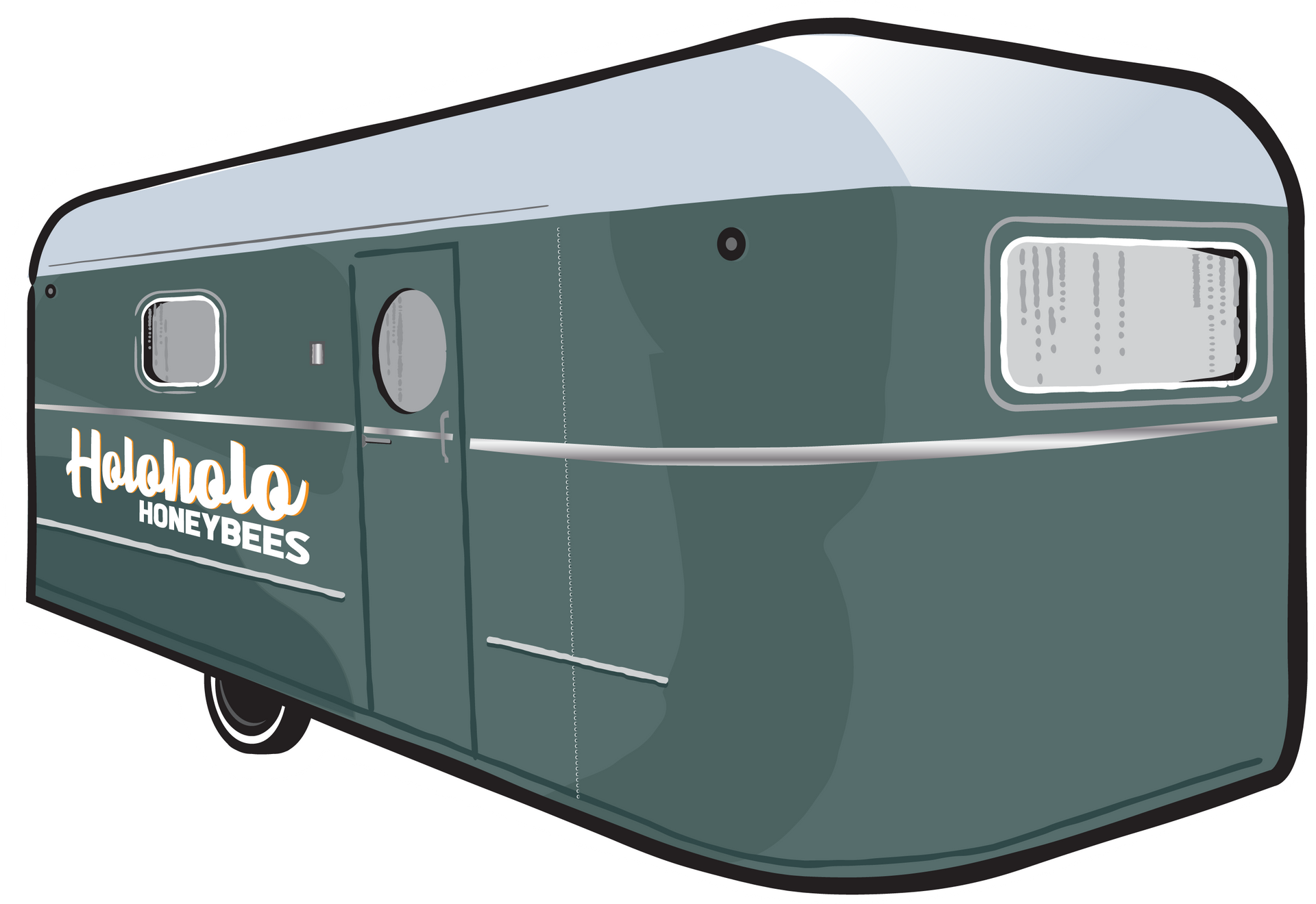 A cartoon drawing of a green trailer with the word honey bees on it.