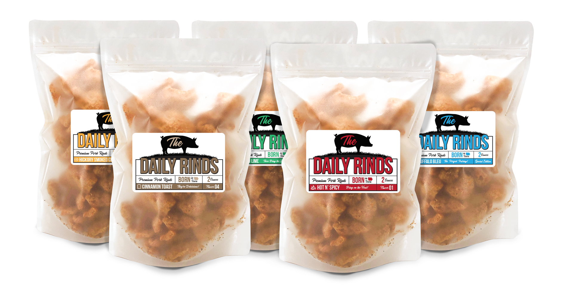A group of bags of food with labels that say daily things