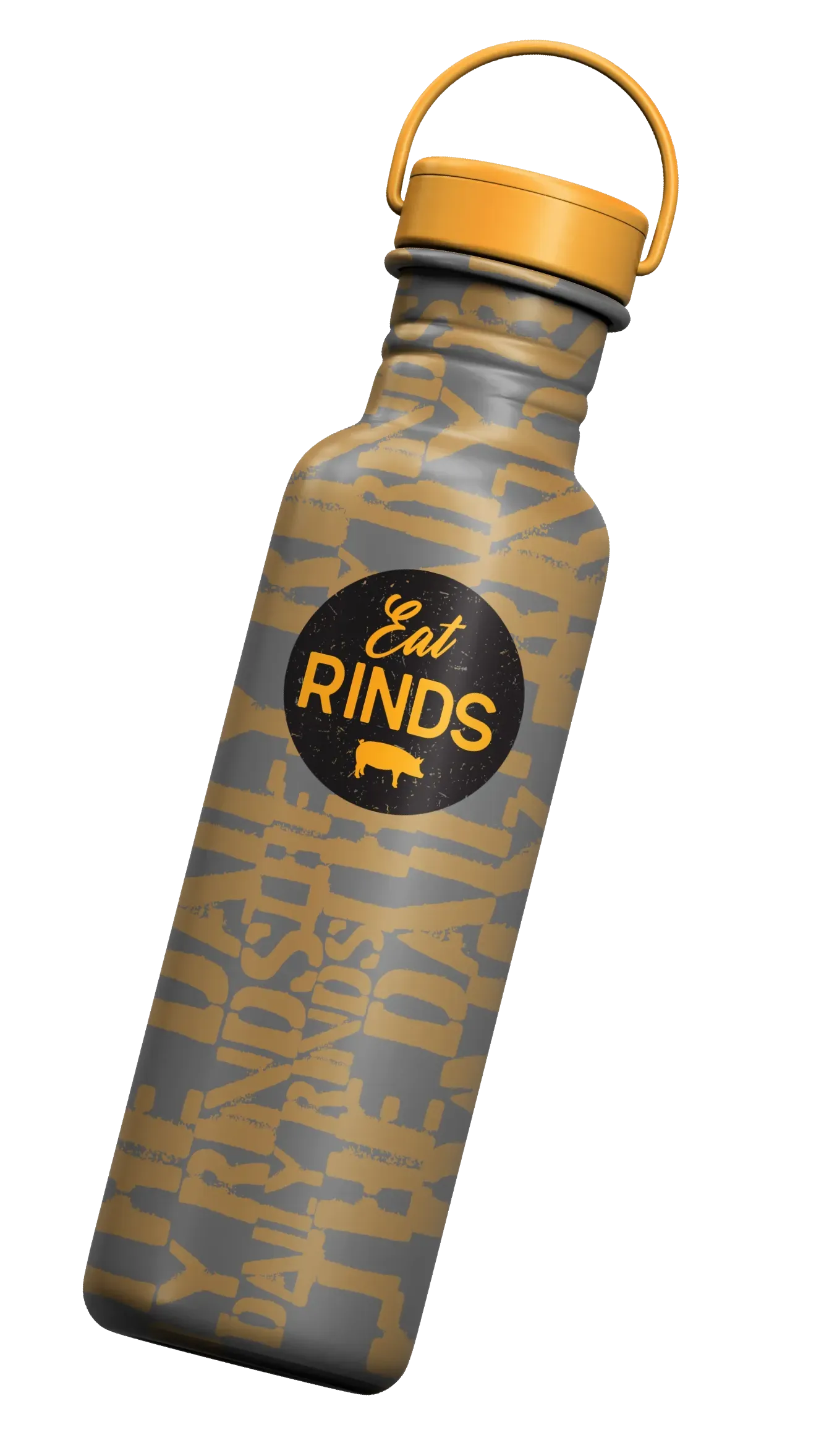 A stainless steel water bottle with a handle on a white background.