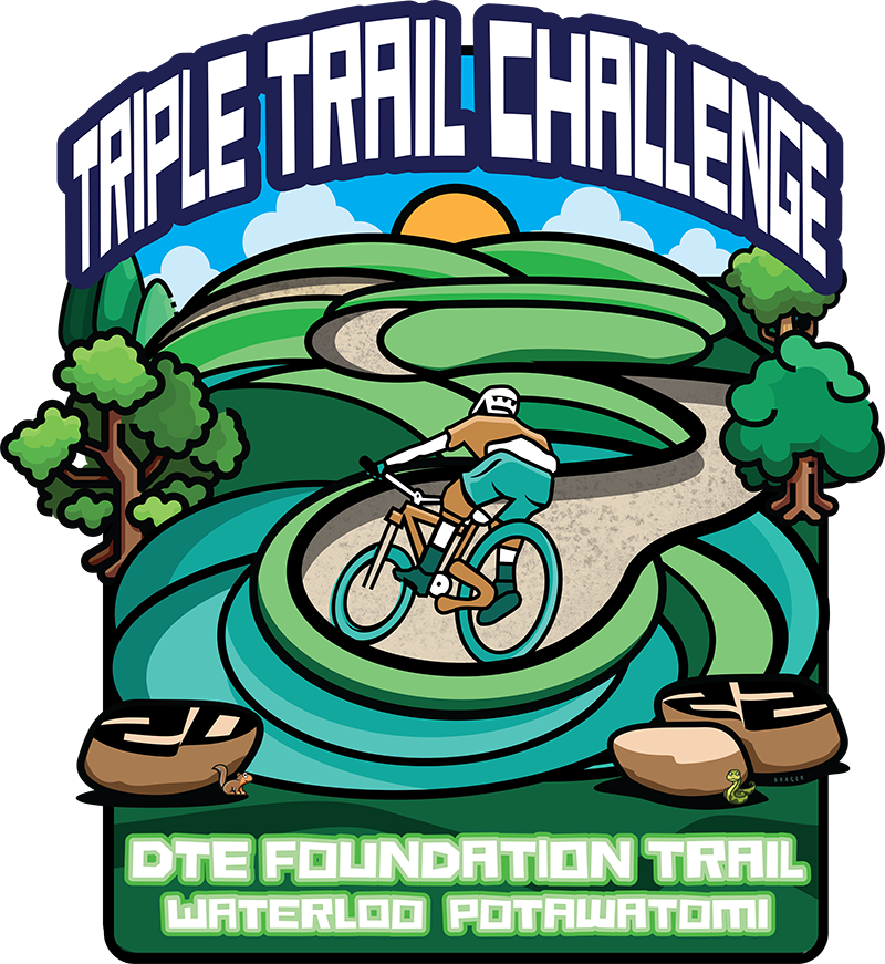 A cartoon of a person riding a bike on a trail.