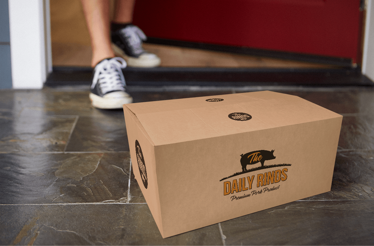 A person is standing next to a box that says daily pork