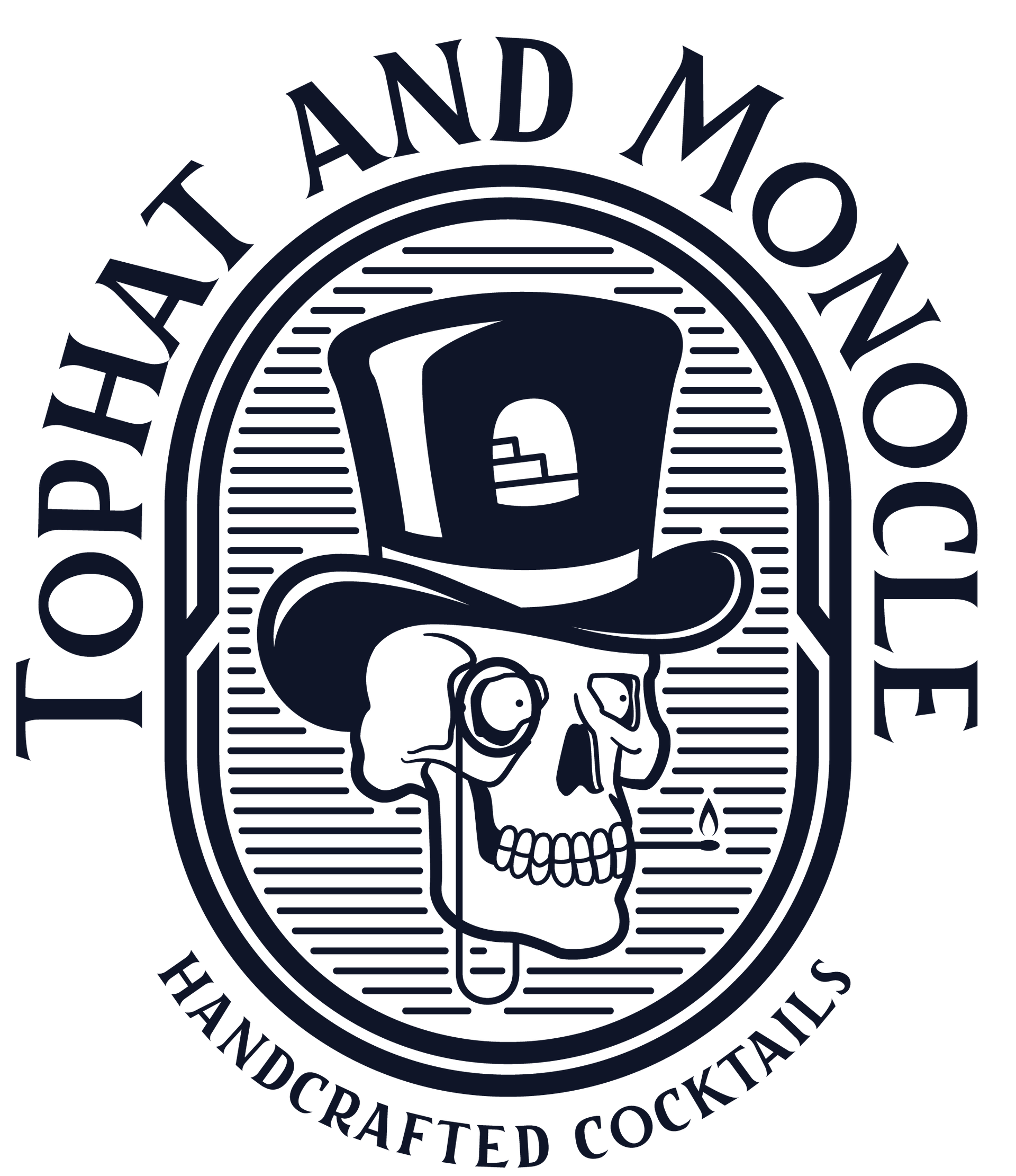 The logo for top hat and monocle handcrafted cocktails has a skull wearing a top hat.