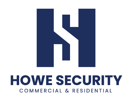 The logo for howe security commercial and residential is blue and white.
