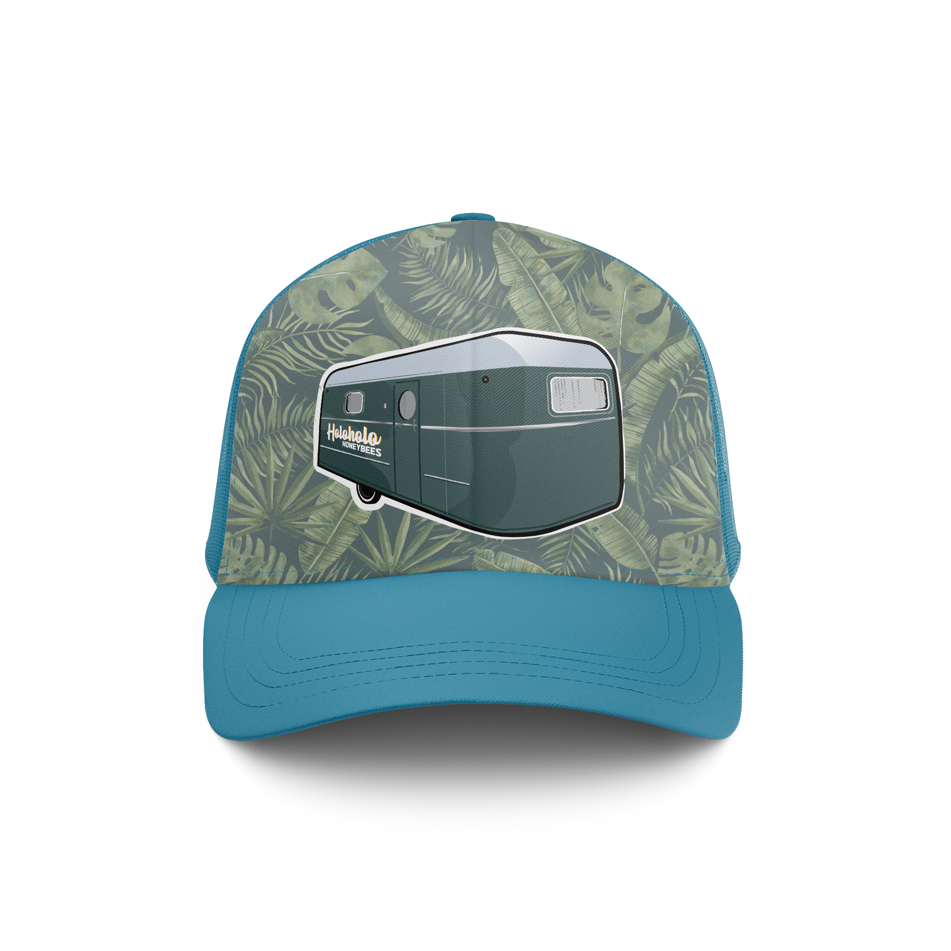 A baseball cap with a picture of a camper on it