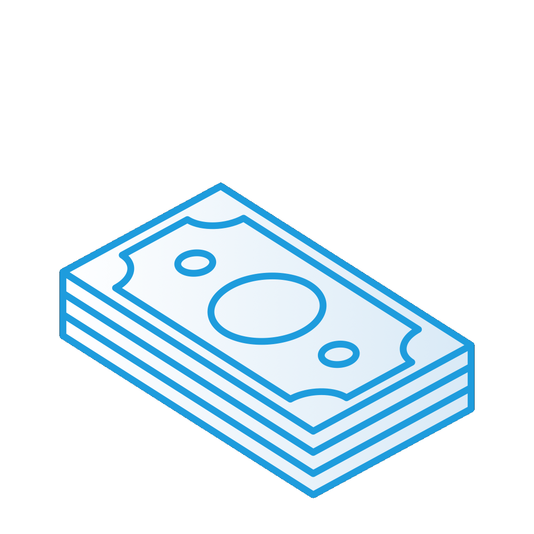 An isometric icon of a light blue stack of paper money or banknotes.