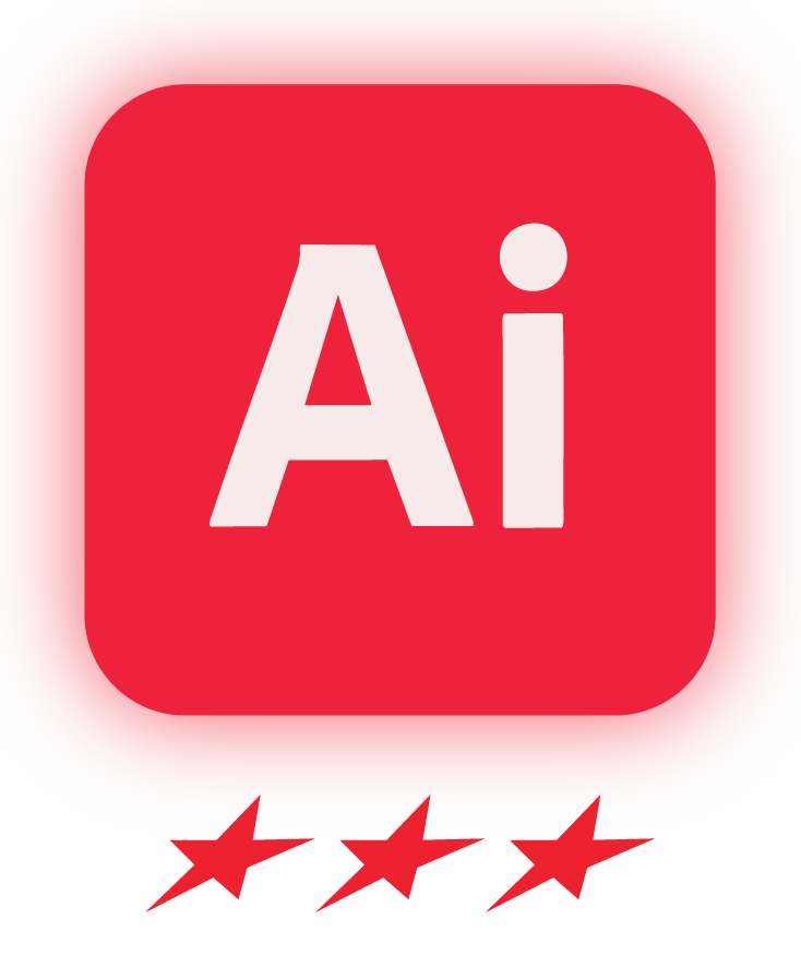 Adobe Illustrator app icon on a red background with three red stars below it.