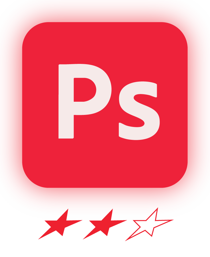 Adobe Photoshop icon on a red background with a two-out-of-three star rating underneath.