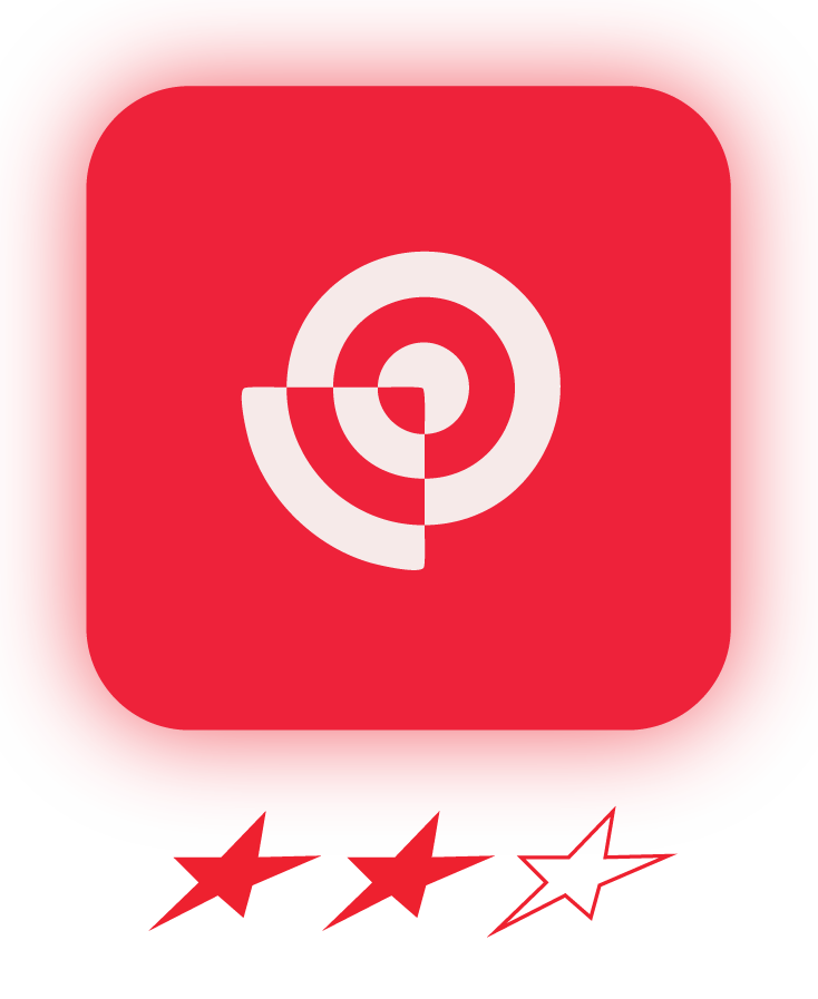A red rounded square icon with a white target symbol, displayed above two solid red stars and one empty star outline.