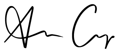 Black ink handwritten signature featuring a stylized, looping capital A followed by a lowercase cursive letter.