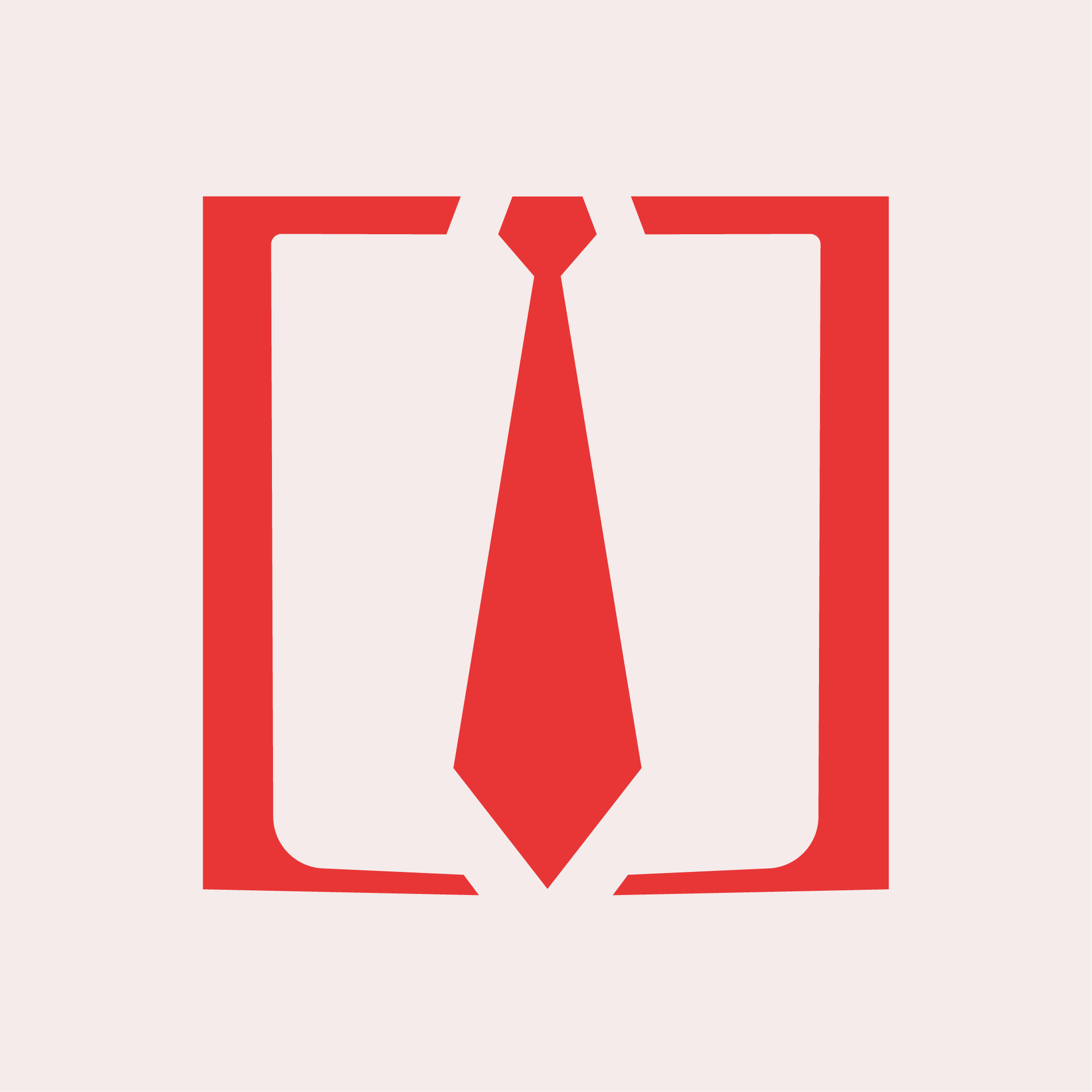 A red necktie icon centered inside a white square frame against a pale pink background.